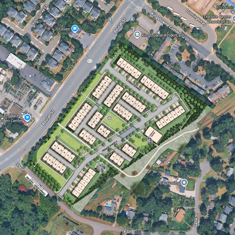 Applicant rendering showing 86 townhome buildings replacing the wooded site.